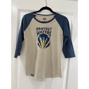 REI Co-op Protect Our Waters Baseball Tee Womens Small 3/4 Sleeve Graphic Raglan